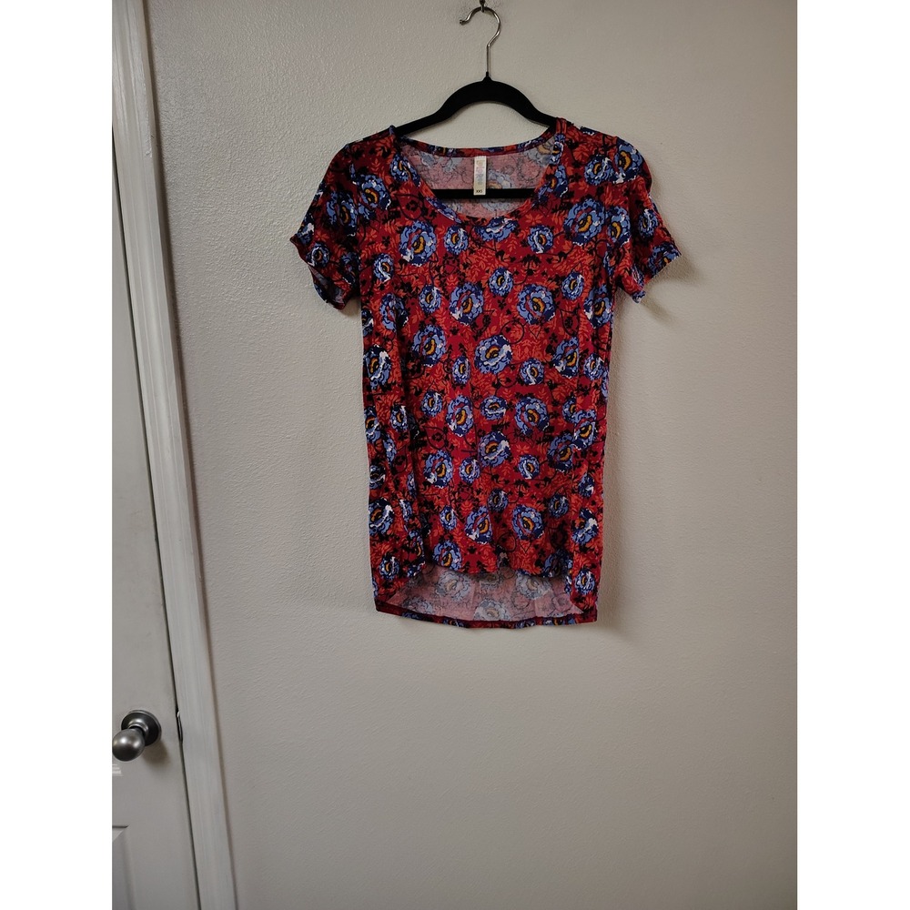 LuLaRoe Womens XXS Red Blue Floral Short Sleeve Randy Tee Scoop Neck Top